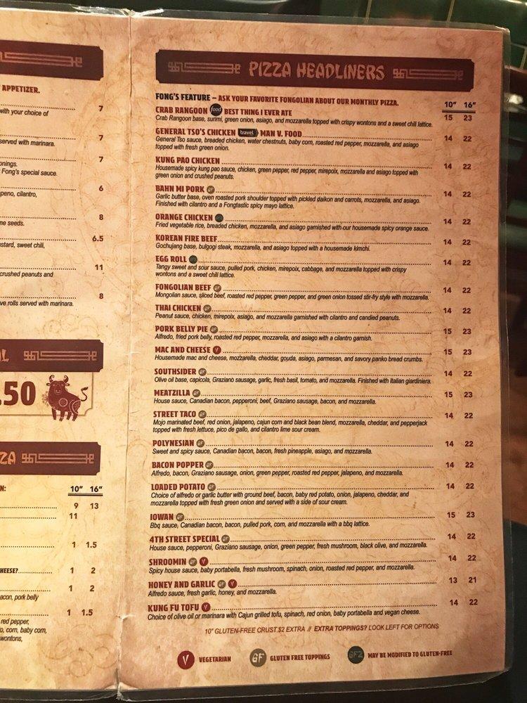 Menu at Fong's Pizza pub & bar, Des Moines, 223 4th St