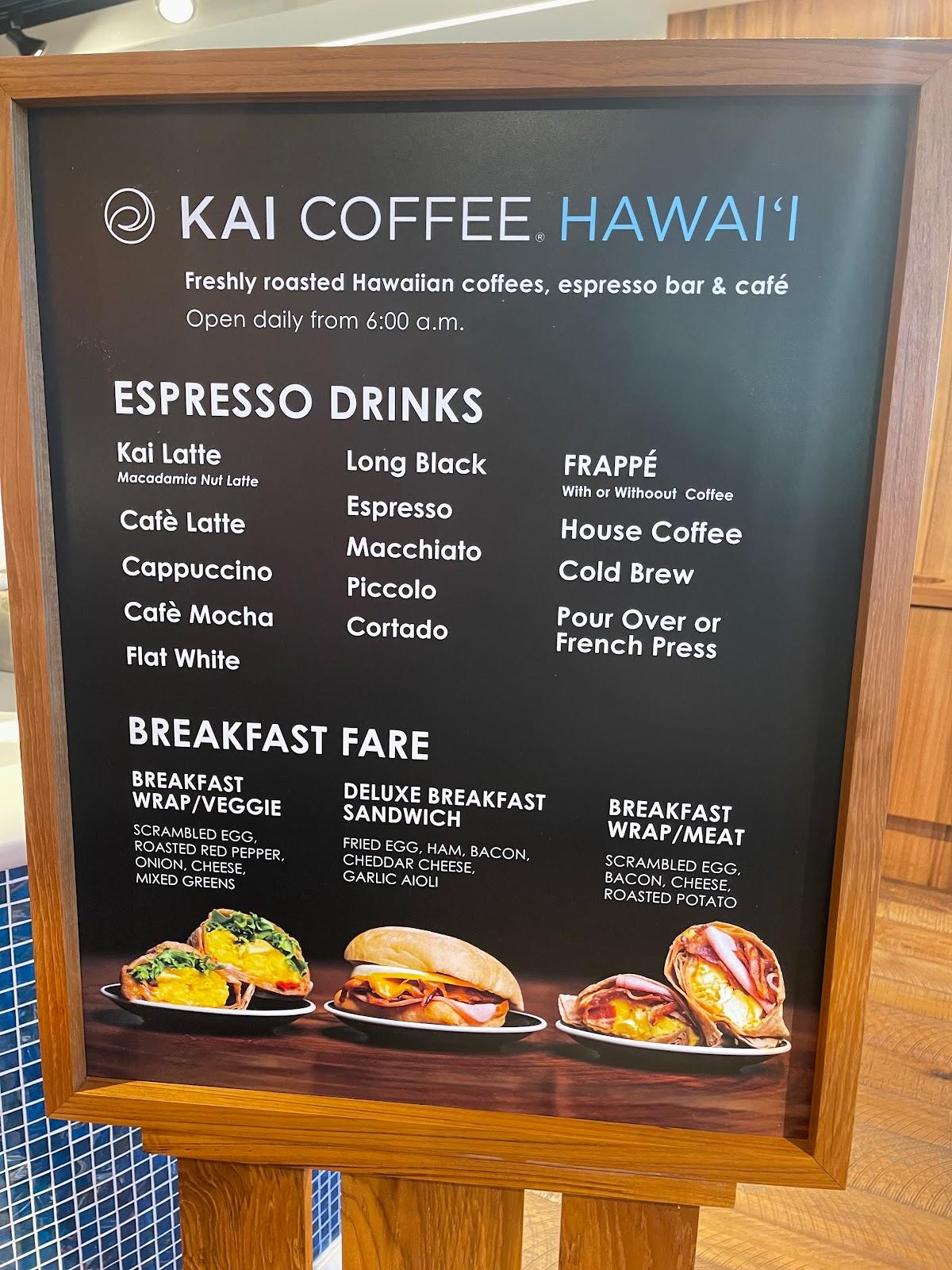 Menu at Kai Coffee Hawaii at Alohilani Resort cafe, Honolulu, Kalākaua Ave
