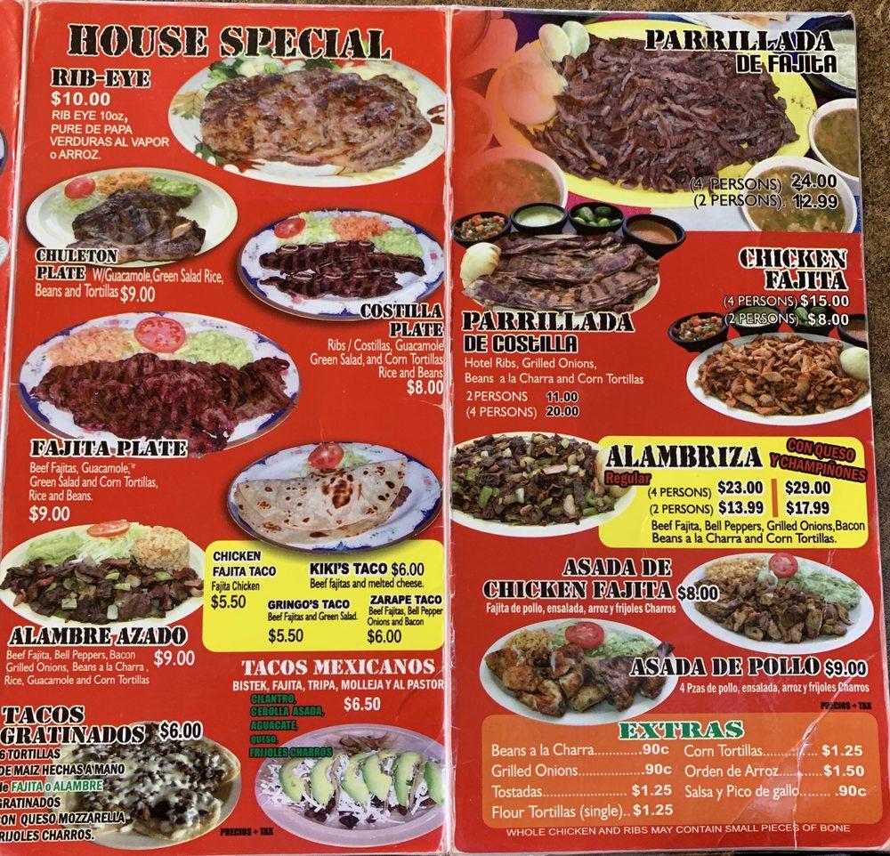 Menu at Kikis restaurant, Brownsville, S Padre Island Hwy