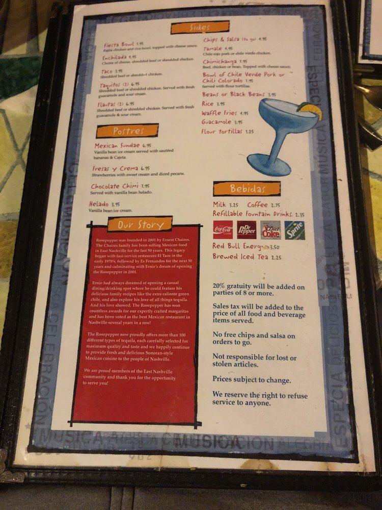 Menu at Rosepepper Cantina restaurant, Nashville