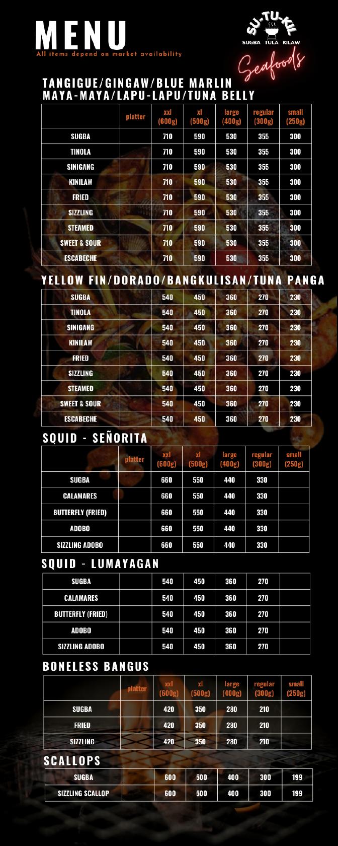 Menu at SU-TU-KIL Seafoods Dumaguete restaurant, Dumaguete