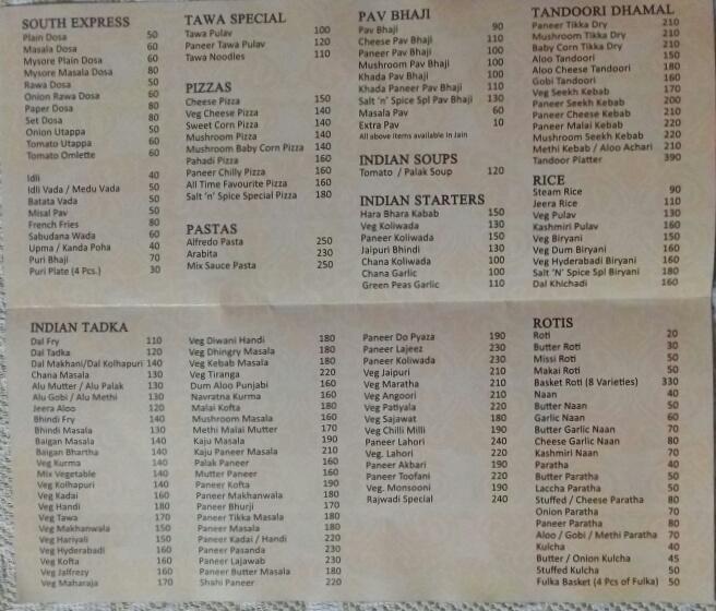 Menu at Salt N Spice, Khopoli