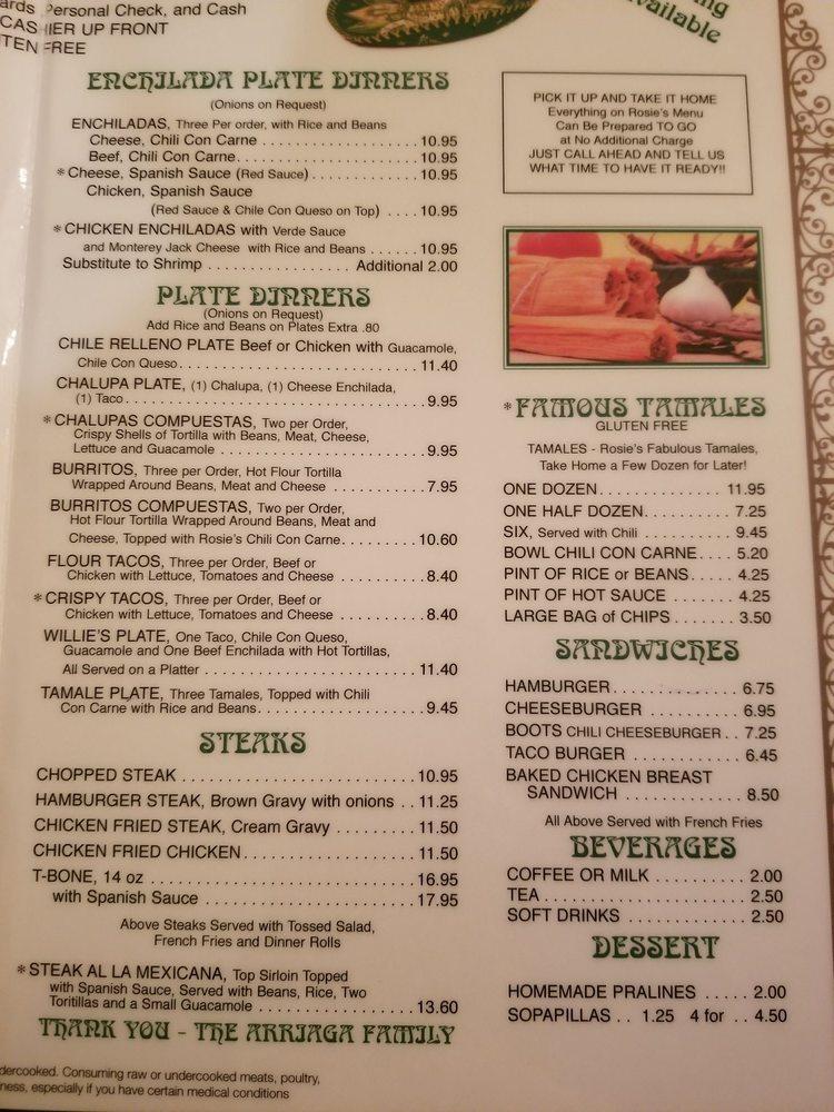 Menu at Rosie's Tamale House restaurant, Bee Cave, State Hwy 71