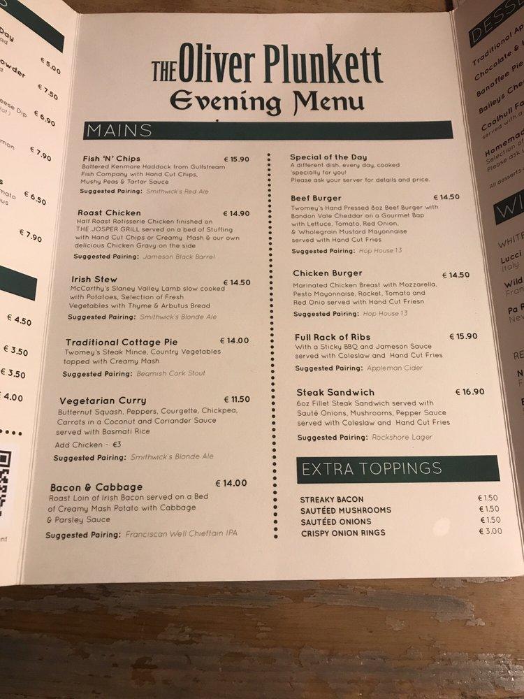 Menu at The Oliver Plunkett pub & bar, Cork