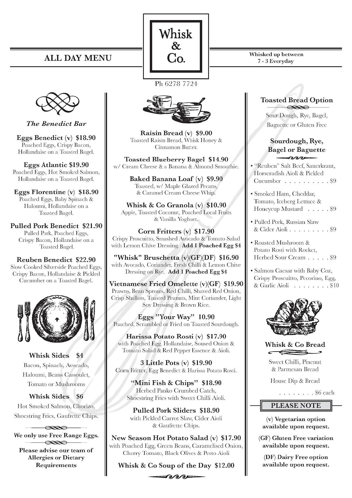Menu at Whisk & Co restaurant, Lenah Valley