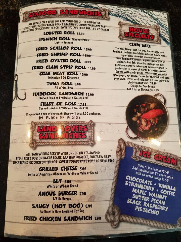 Menu at The Clam Shack restaurant, Sanibel