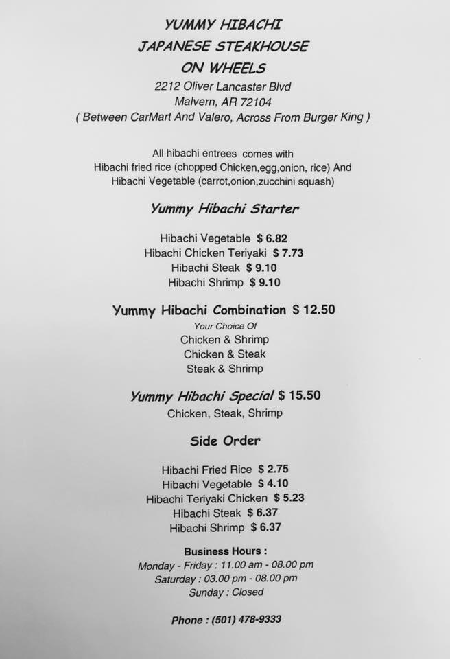 Menu at Yummy Hibachi on Wheels restaurant, Malvern