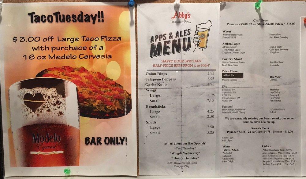 Menu at Abby's Legendary Pizza pizzeria, Oregon City