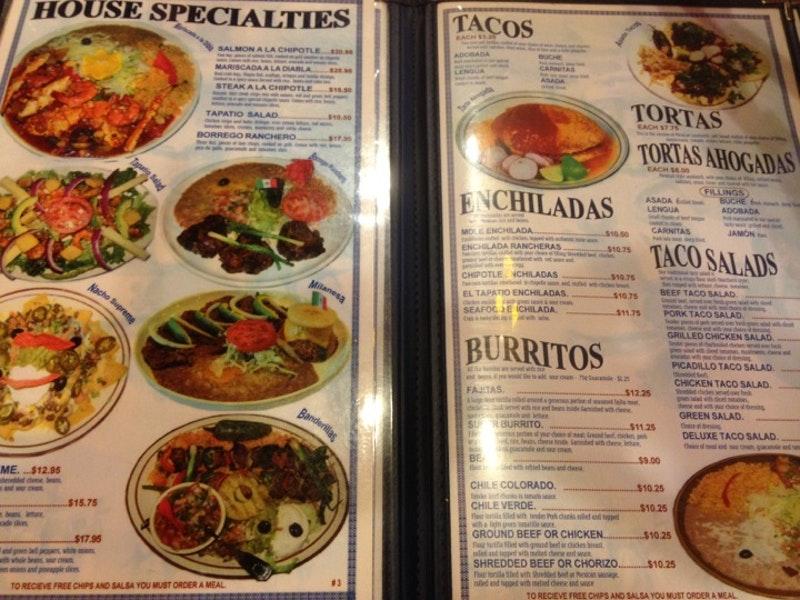Menu at El Tapatio restaurant, Fruita