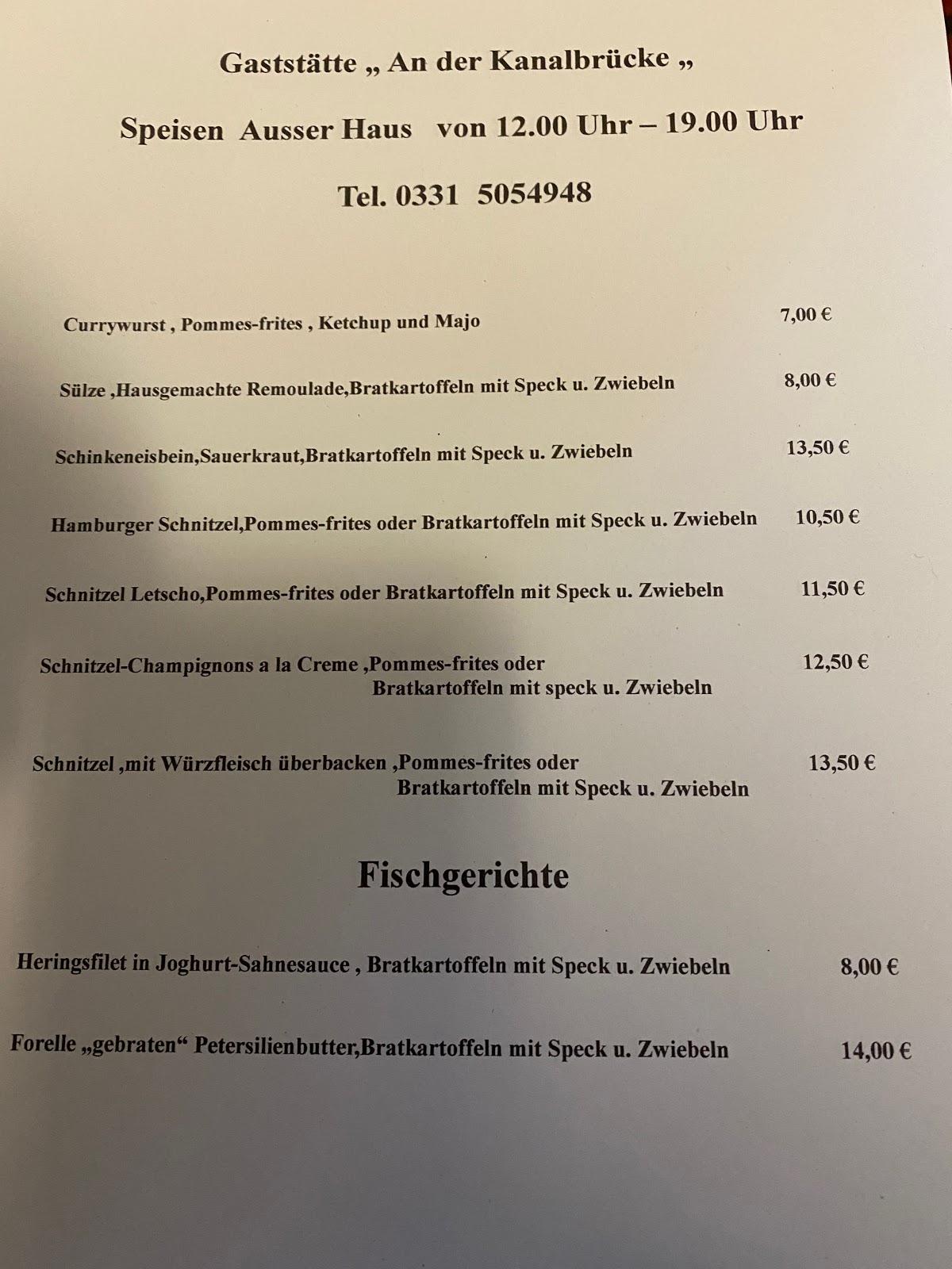Speisekarte von Gaststätte An der Kanalbrücke restaurant, Potsdam