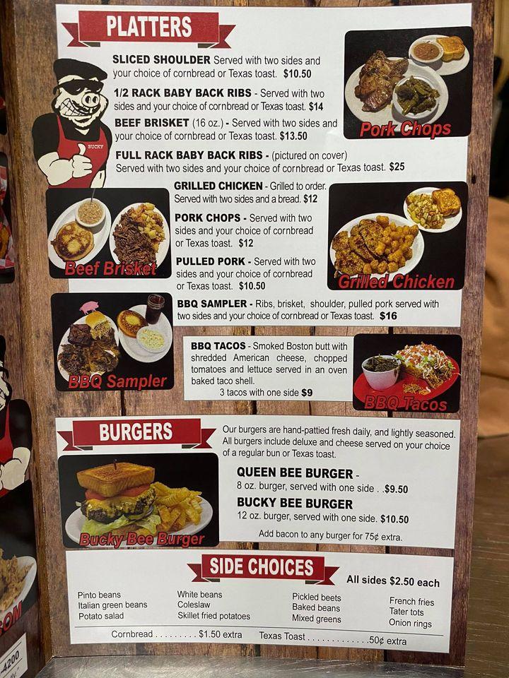 Menu at Bucky Bees BBQ of Cave City, Cave City, 822 Mammoth Cave St