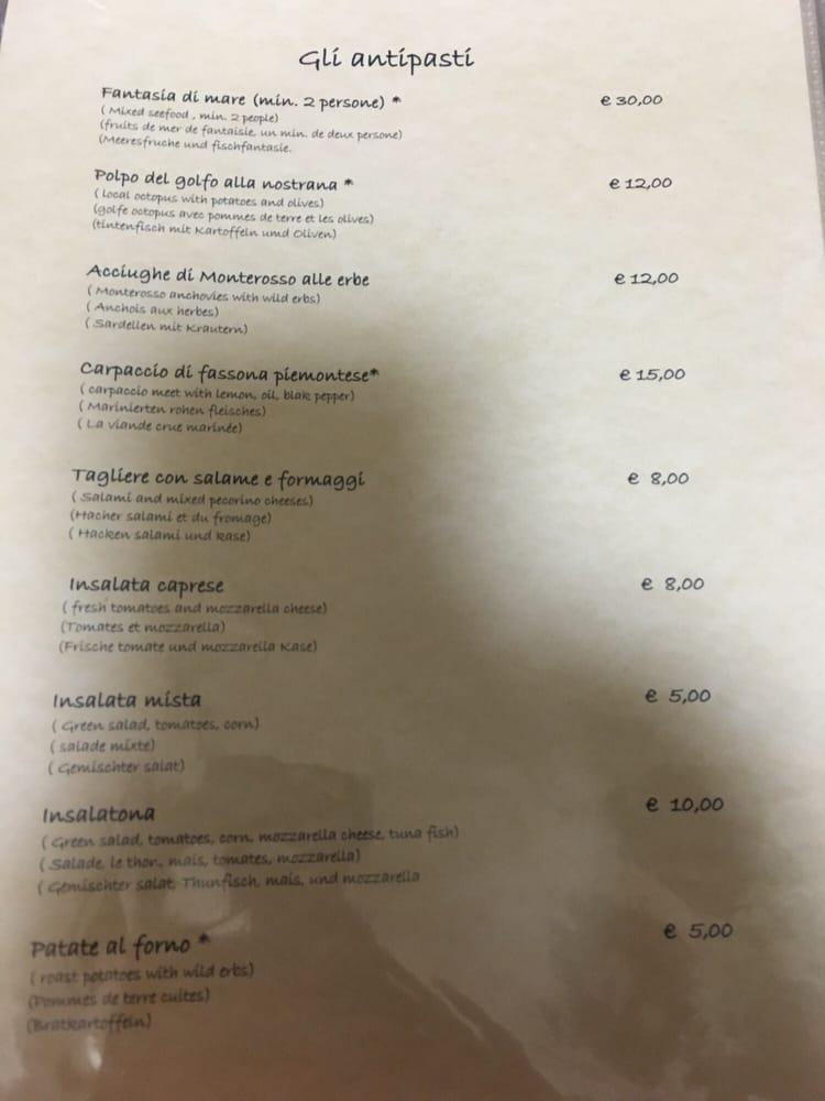 Menu at L’Osteria restaurant, Monterosso al Mare