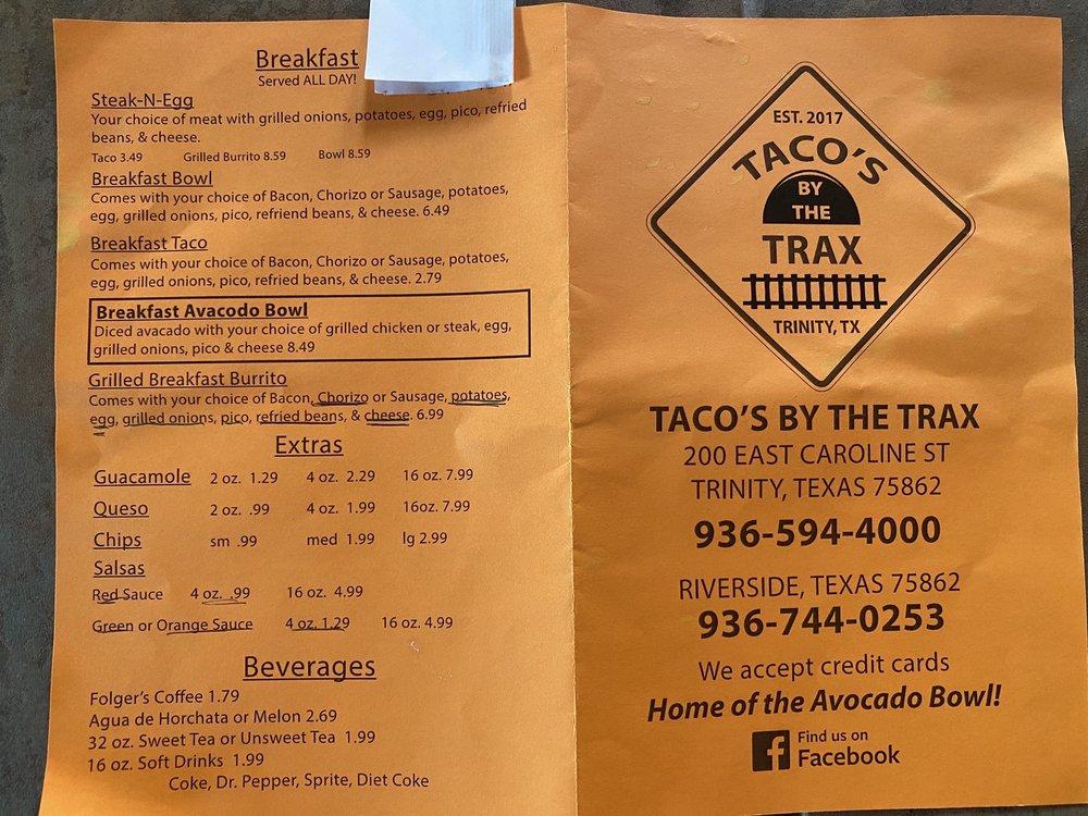 Menu at Tacos By The Trax restaurant, Riverside