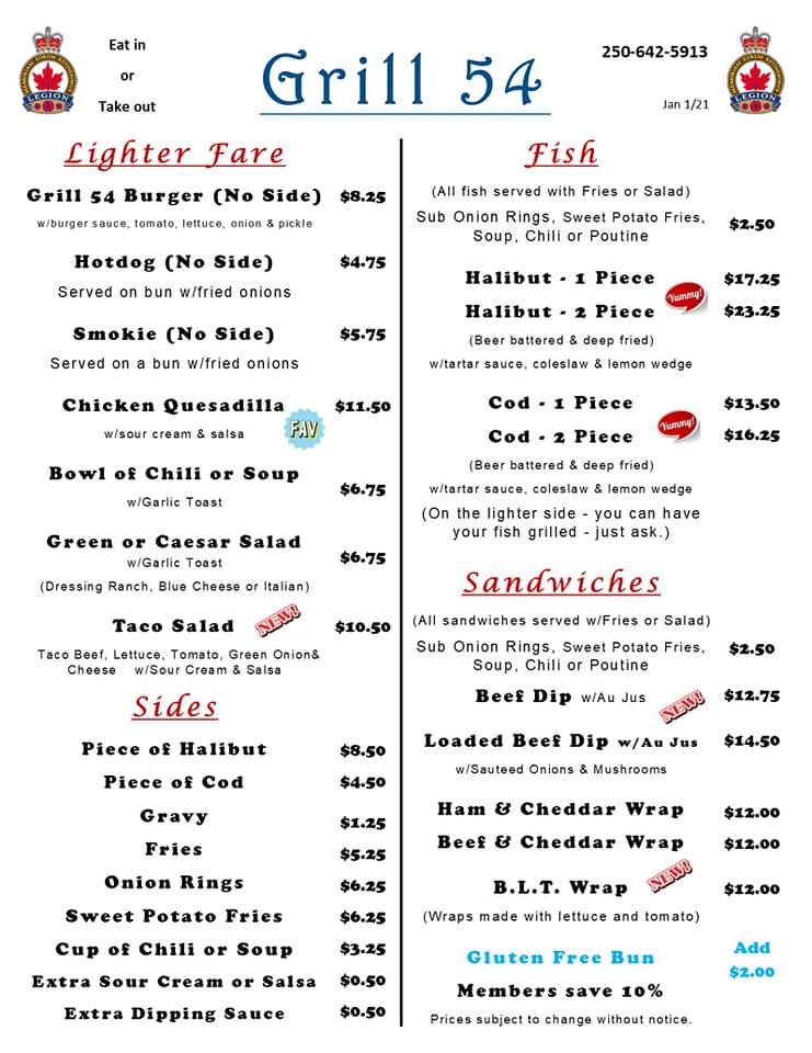 Menu at Royal Canadian Legion Branch 54 Sooke, Sooke