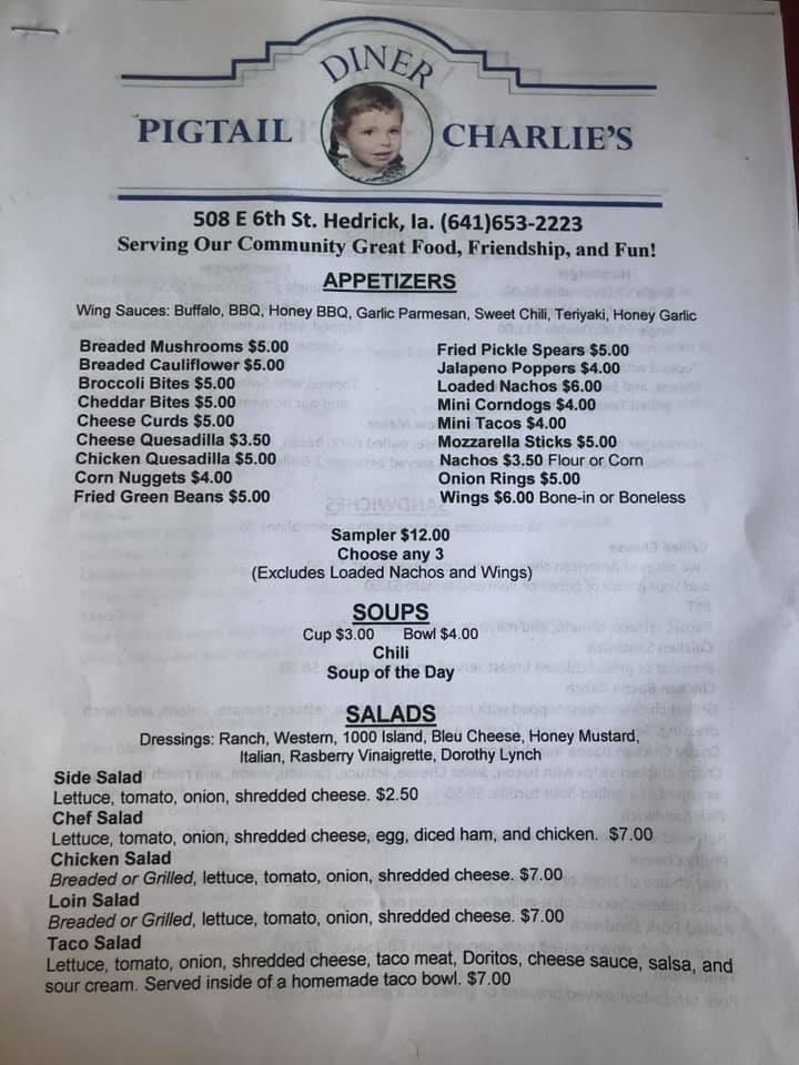 Menu at Pigtail Charlie's Diner, LLC restaurant, Hedrick