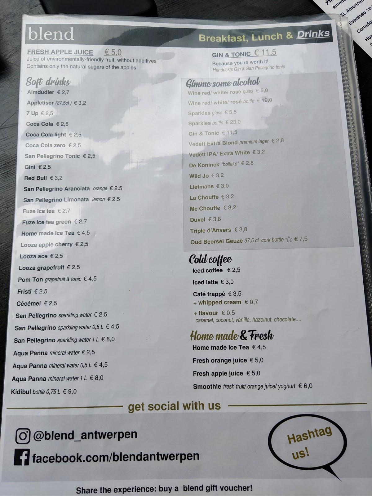 Menu at Blend (Breakfast, Lunch & Drinks), Antwerp, Londenstraat 18