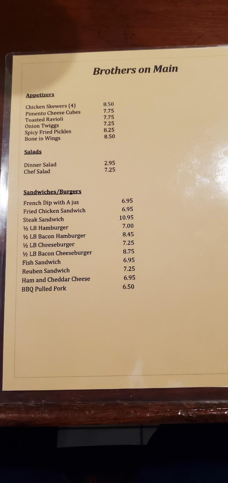 Menu at Brothers on Main restaurant, Saint Clair