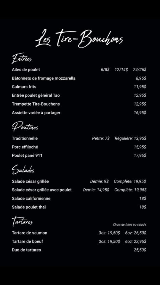 Menu Au Resto-Bar Les Tire-Bouchons, Sorel-Tracy