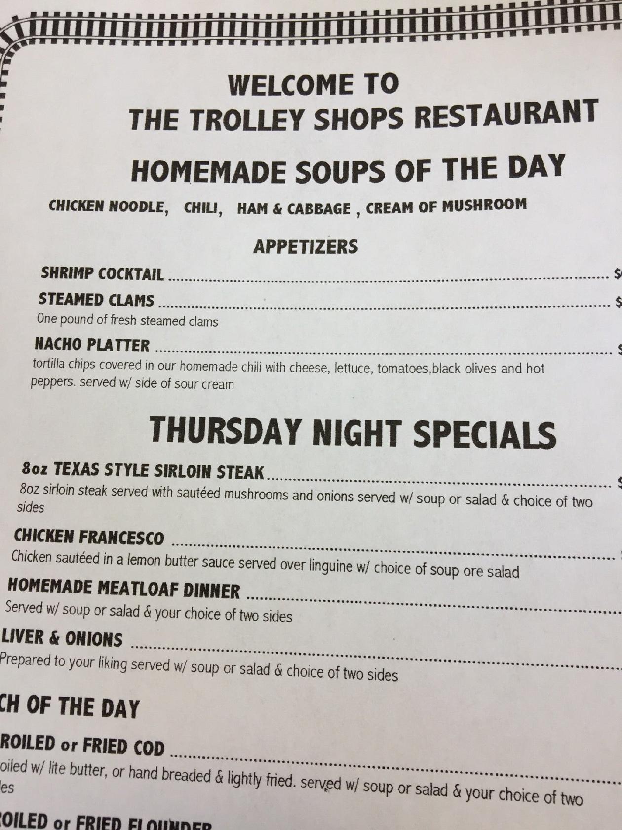 Menu at Trolley Shops Restaurant, Bangor