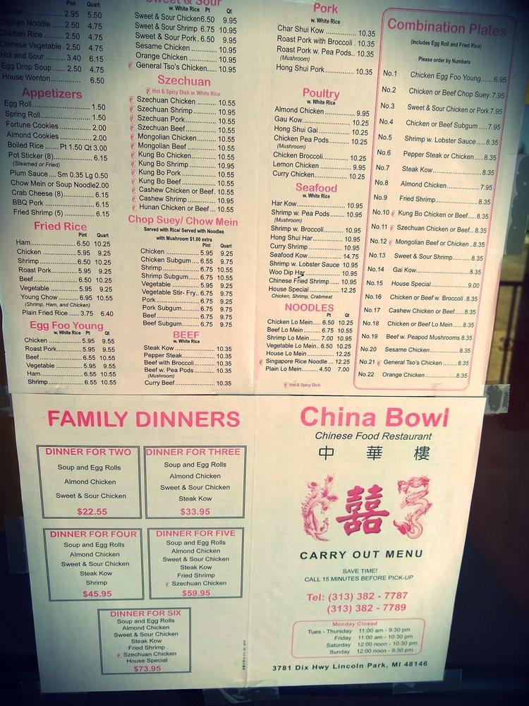 Menu at China Bowl restaurant, Lincoln Park