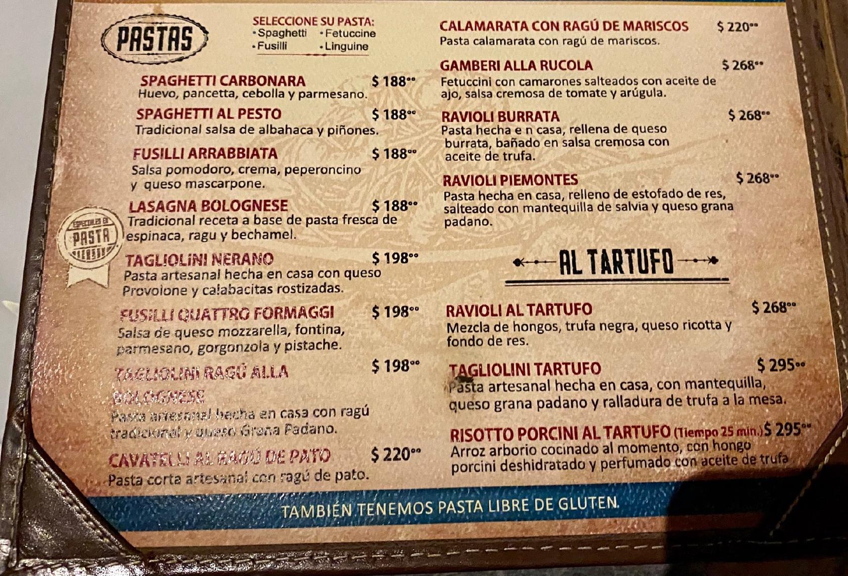 Carta del restaurante il Duomo Cocina Italiana, Santiago del Querétaro