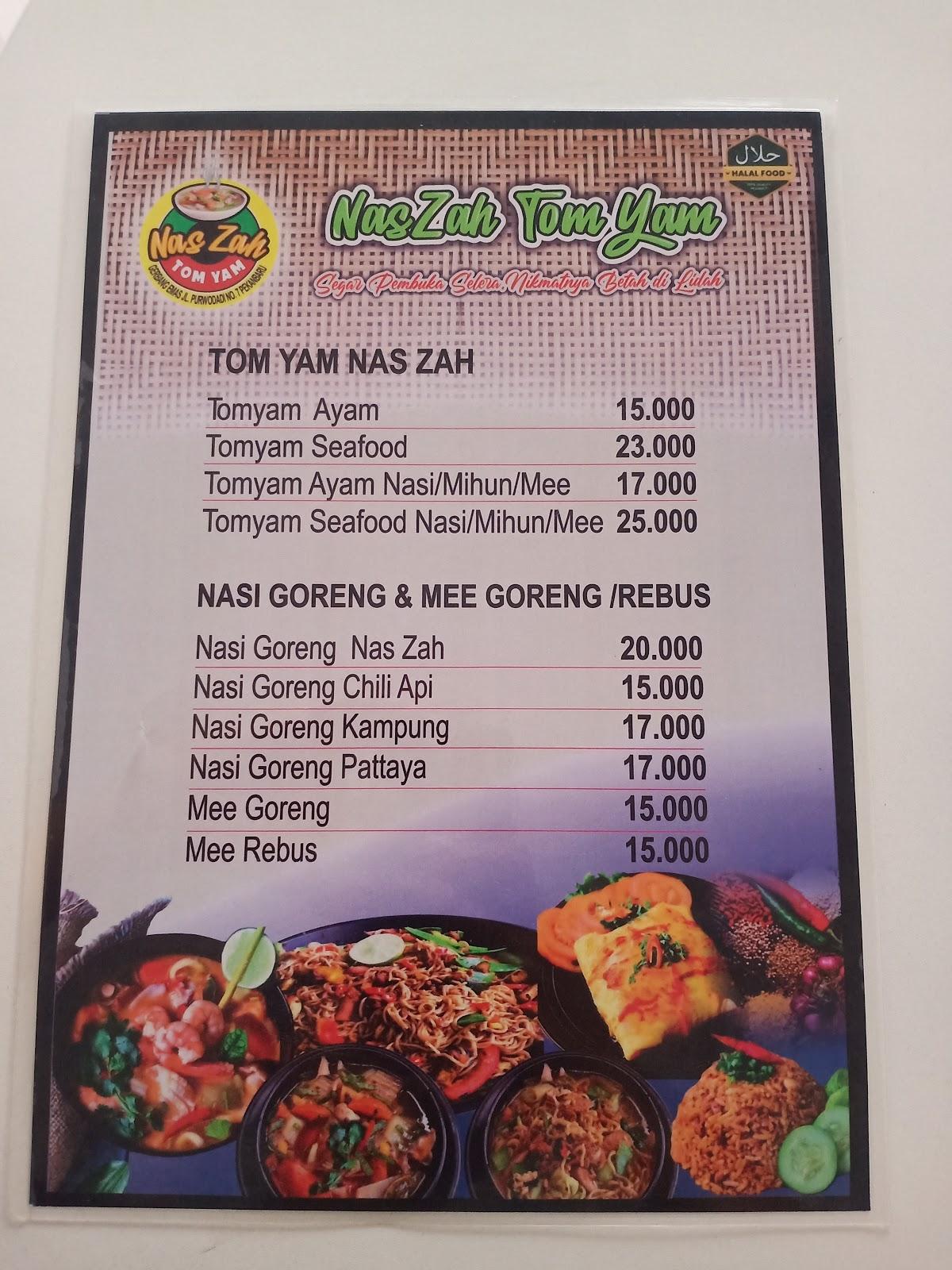 Menu at Nas Zah Tomyam restaurant, Pekanbaru