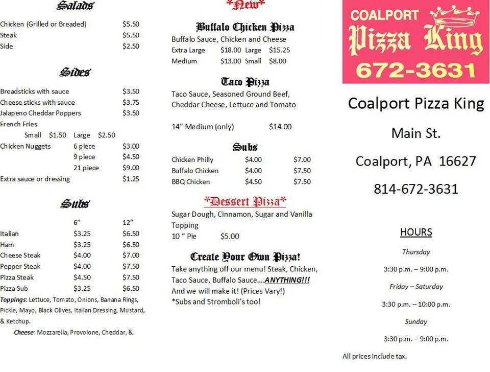 Menu at Pizza King pizzeria, Coalport