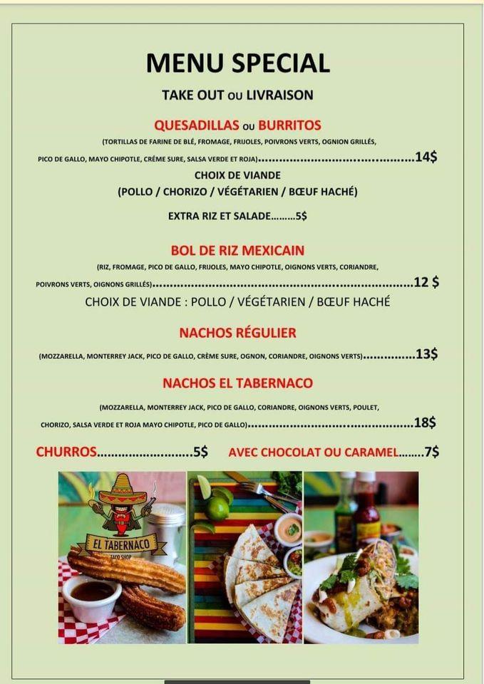 Menu au El Tabernaco Drummondville restaurant, Drummondville