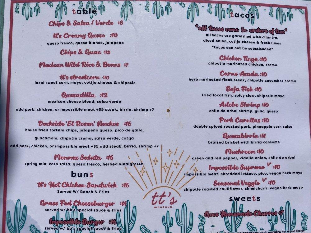 Menu at TT's Montauk restaurant, Montauk