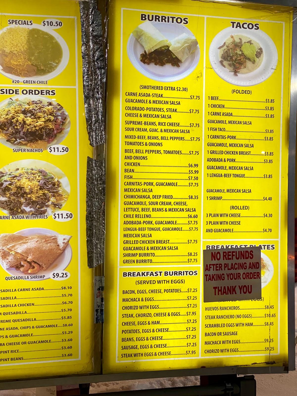 Menu at Tacos Rapidos restaurant, Denver, W Evans Ave