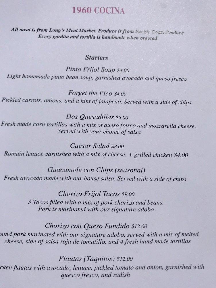 Menu at 1960 Cocina restaurant, Eugene