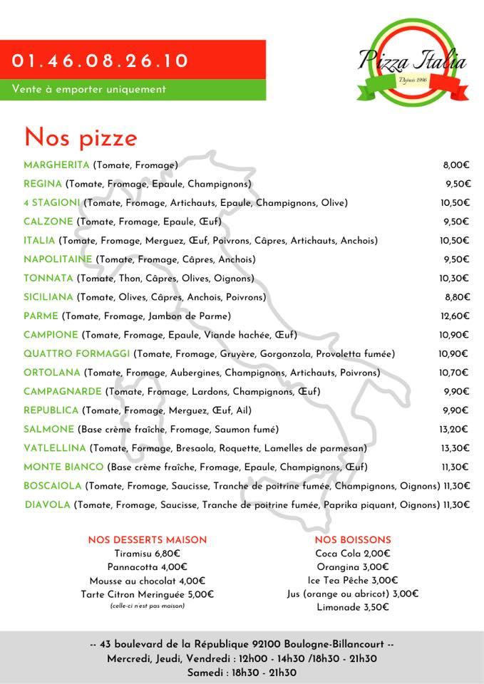 Menu at Pizza italia pizzeria, BoulogneBillancourt