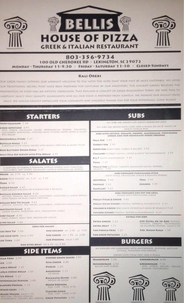 Menu at Bellis House of Pizza pizzeria, Lexington