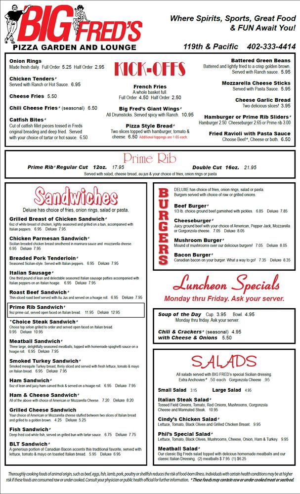 Menu At Big Fred's Pizza Garden & Lounge Pizzeria, Omaha