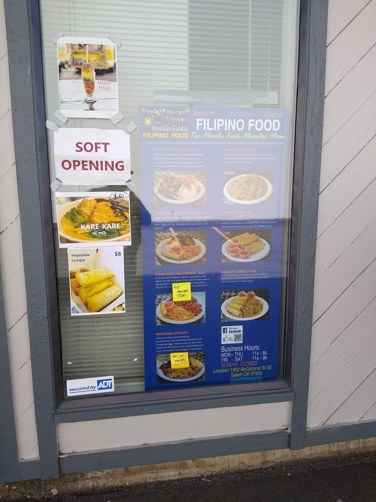 Menu at The Manila Fiesta restaurant, Salem