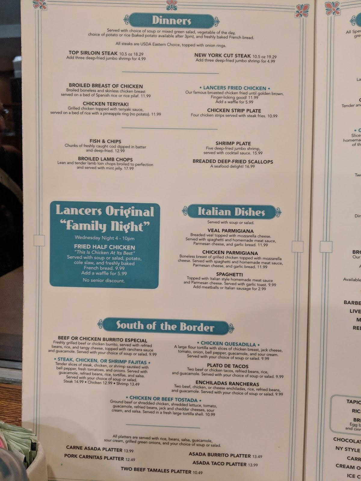 Menu at Lancers Family Restaurant, Burbank