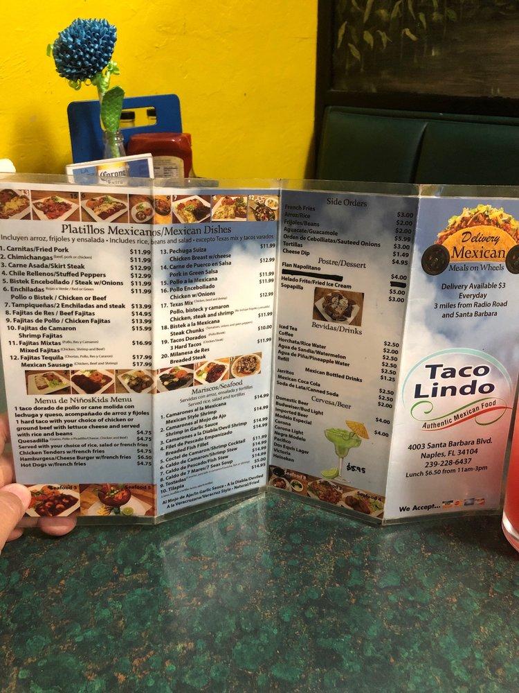 Menu at Taco Lindo restaurant, Naples, Santa Barbara Blvd