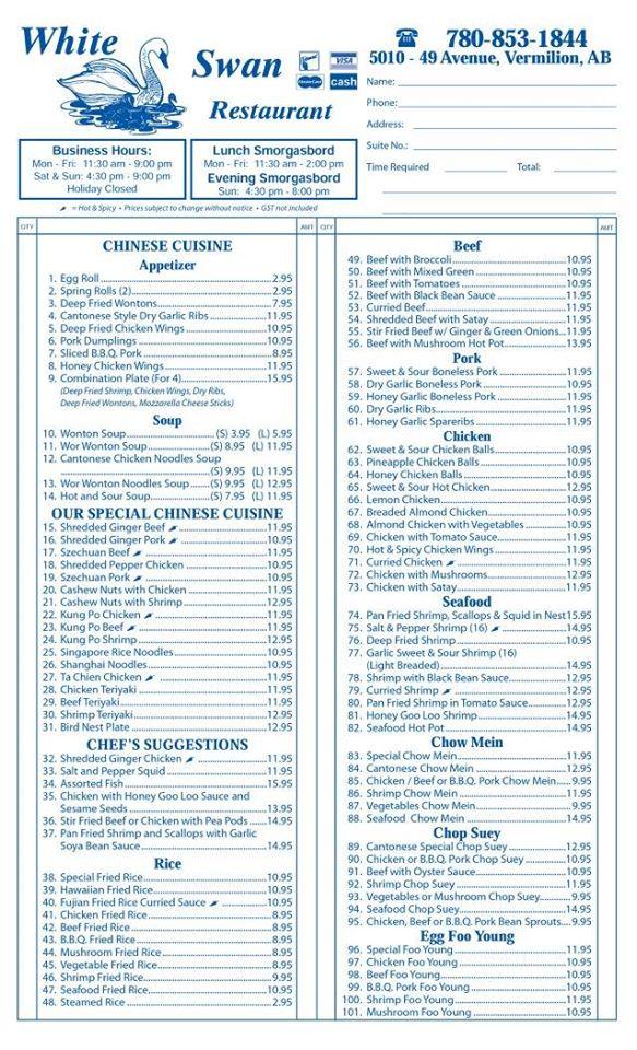 Menu at White Swan Restaurant, Vermilion