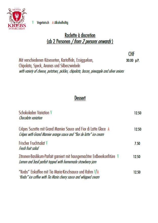 Menu at Hotel Krebs & Terrace Restaurants, Interlaken