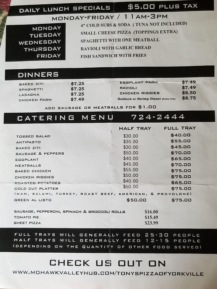 Menu at Tony's Pizza of Yorkville pizzeria, Utica