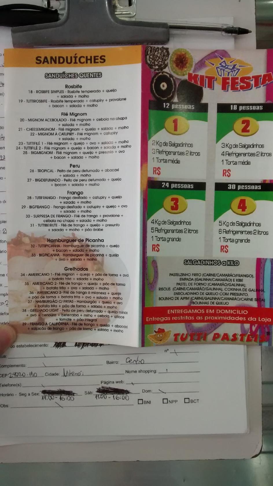 Tutti Pastéis cardápio