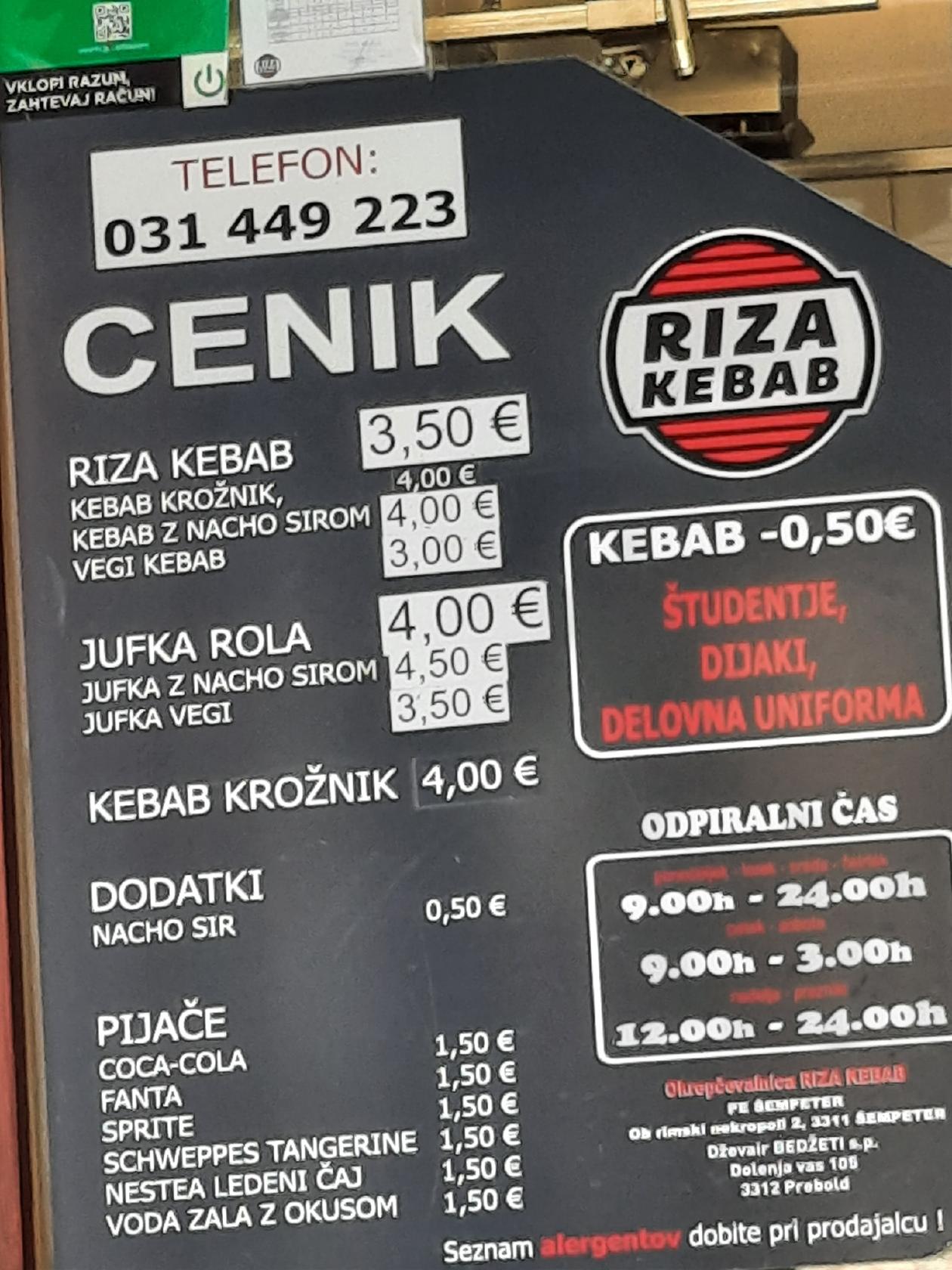 Speisekarte von Riza Kebap restaurant, Šempeter v Savinj. dolini