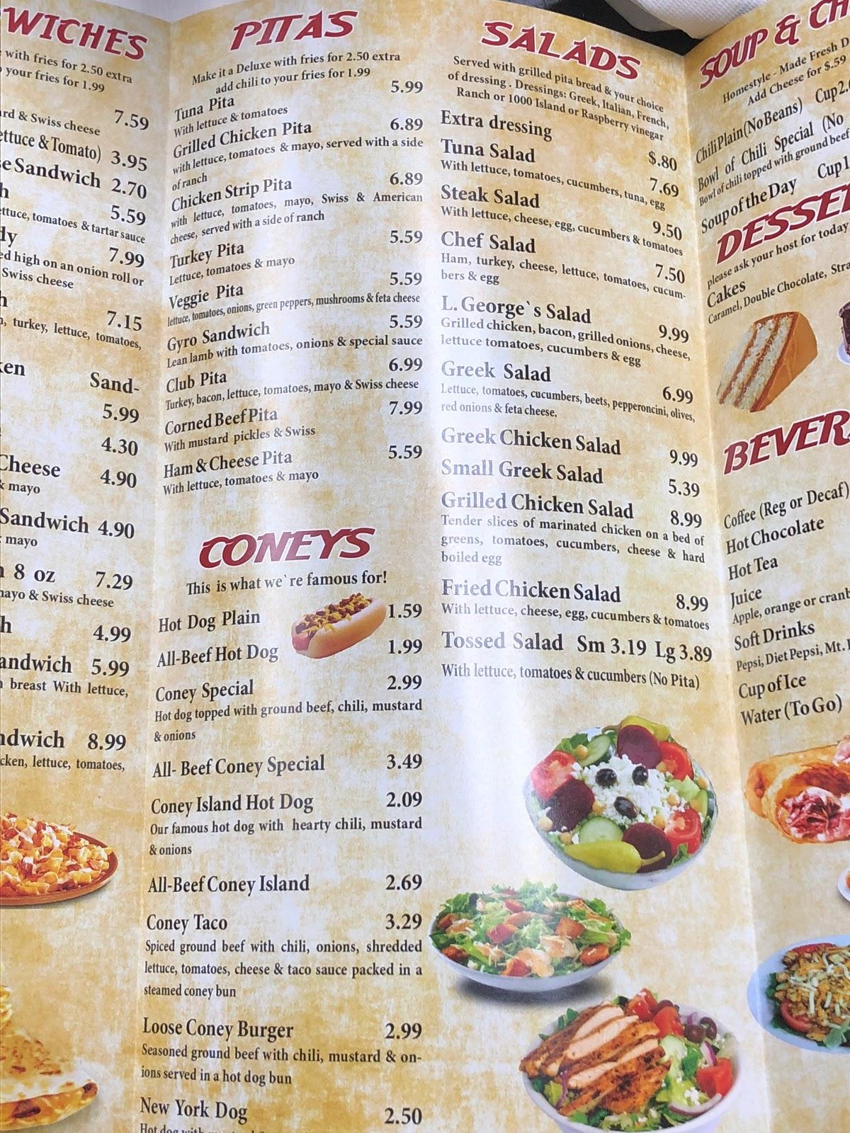 Menu at L George's Coney Island restaurant, Detroit, W Warren Ave