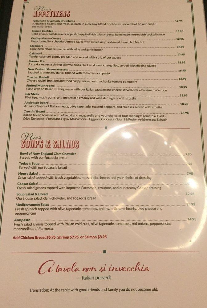 Menu at Nic's Italian Steak & Crab House restaurant, Cottonwood