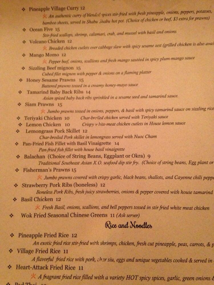 Menu at Pineapple Village restaurant, Gilroy