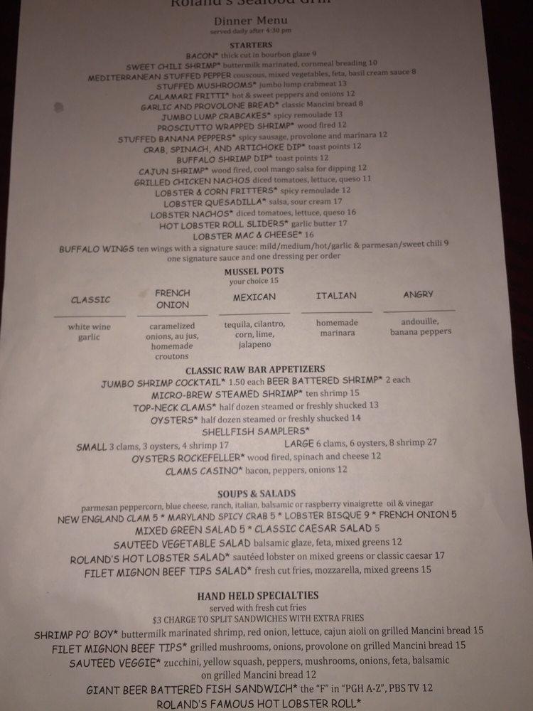 Menu at Roland's Seafood Grill restaurant, Pittsburgh