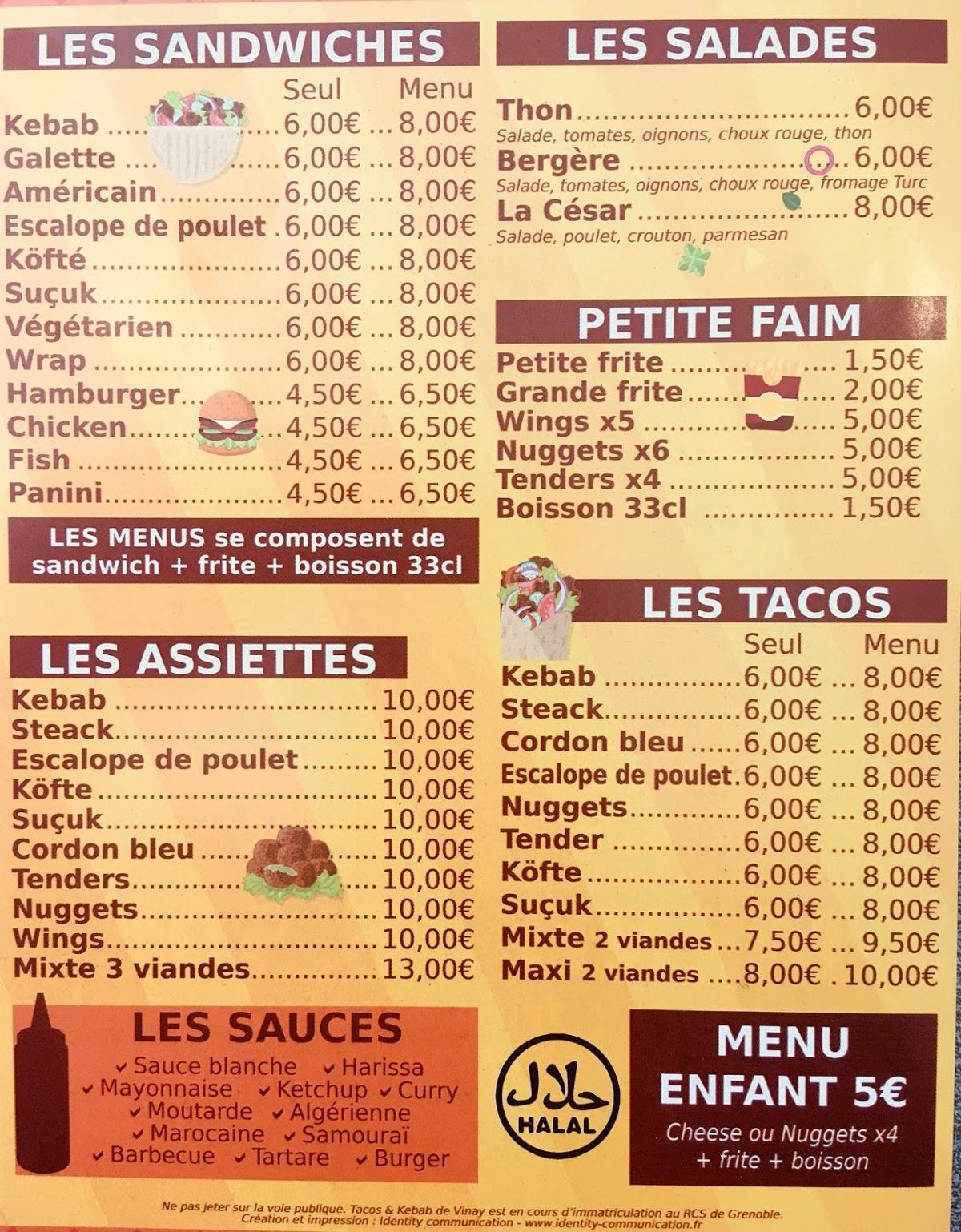 Menu at Tacos et Kebab de Vinay restaurant, Vinay