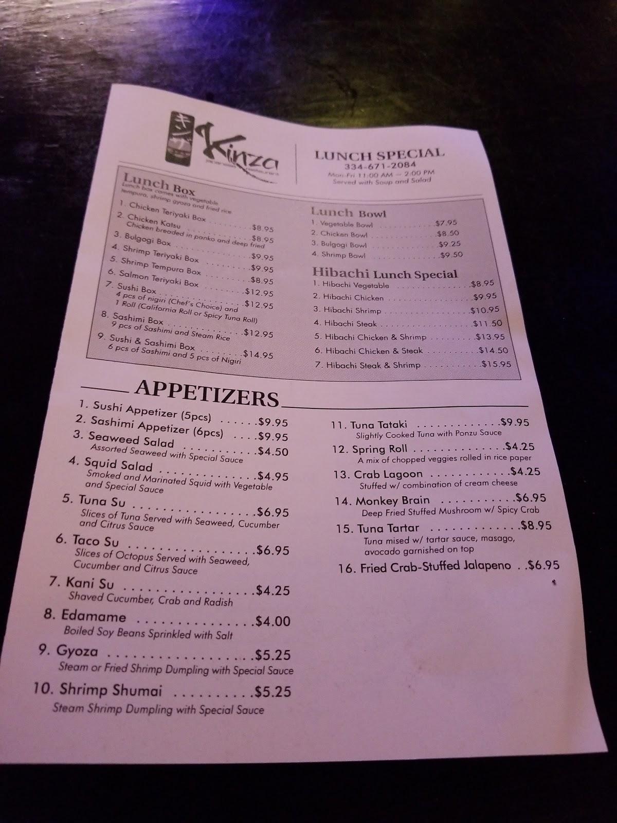 Menu at kinza restaurant, Dothan