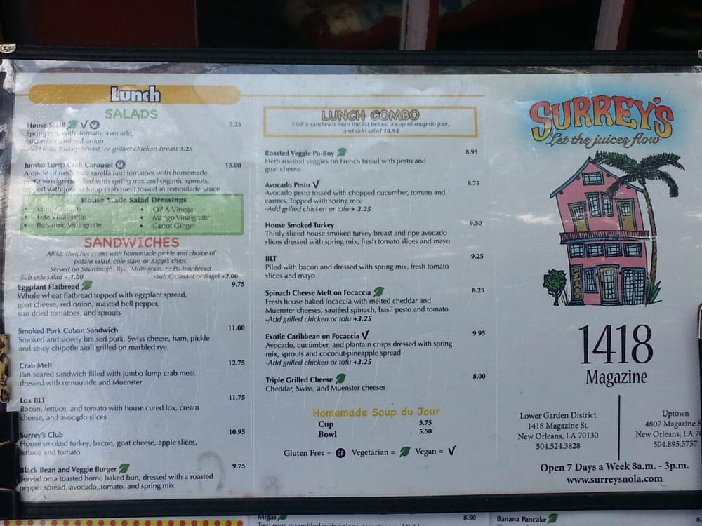 Menu at Surrey's Café & Juice Bar, New Orleans