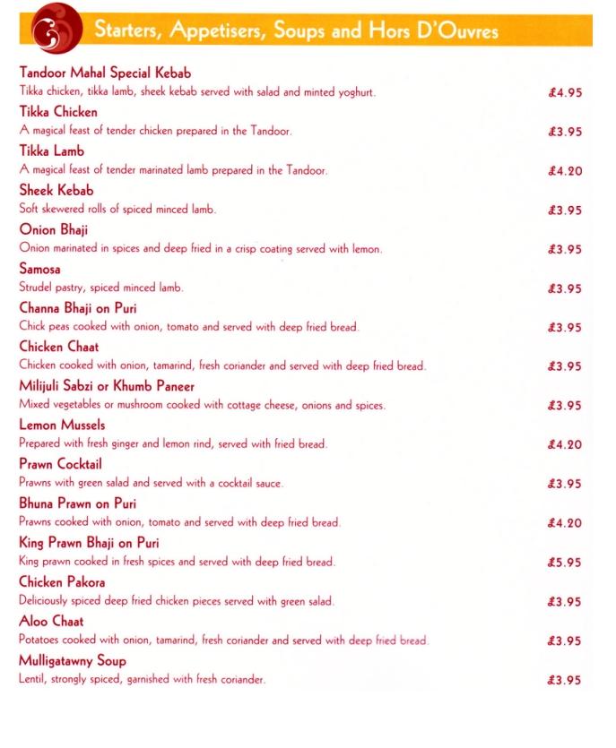 Menu at Tandoor Mahal Indian Restaurant, Morpeth